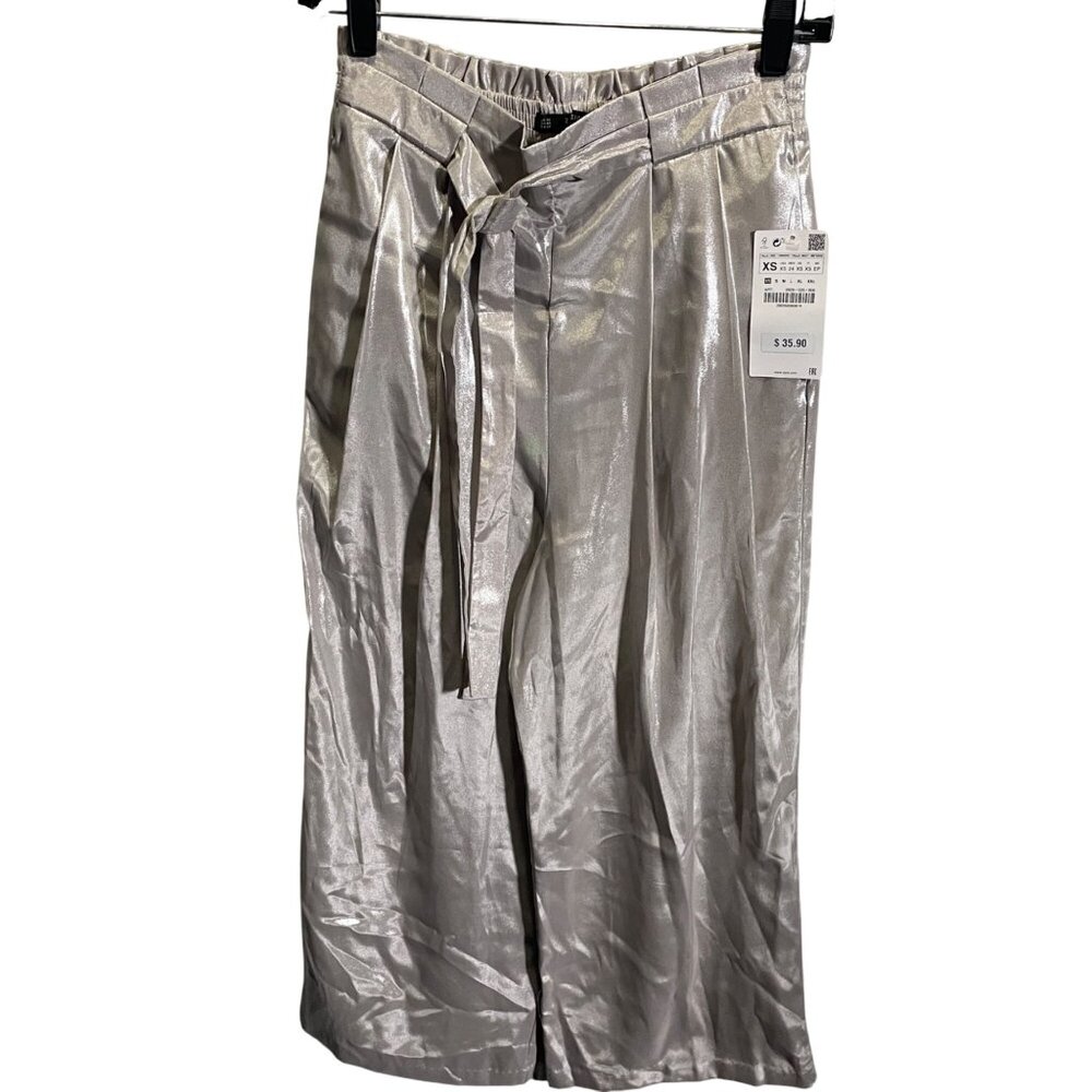 Zara XS Metallic Wide-Leg Pants With Tie Waist Silver